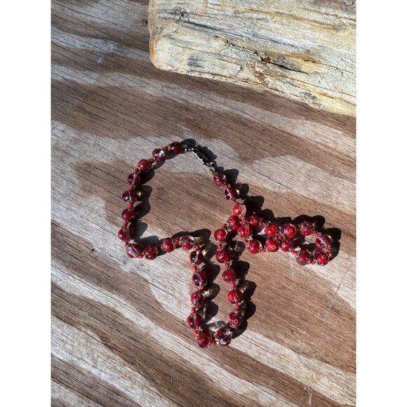 Vintage Red Murano Glass Bead Necklace With Floral Accents and Brass Spacers - Picture 3 of 6